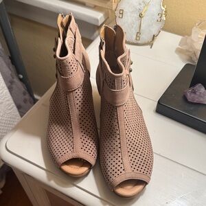 Earth Tan Peep-Toe Perforated Ankle Boots